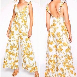 New Free People Be The One Summer Floral Blue Gold Jumpsuit Size 2